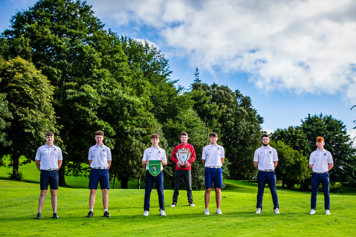 Thomas Higgins, Fionn Hoare, Simon Walker, teacher Mark Hodgins, Kevin Connaughton, Alan Connaughton and Cian O’Connor at the presentation of the winning trophy
